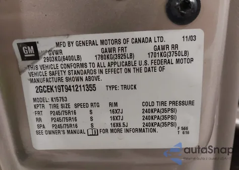 2004 Chevrolet Silverado 1500 Ls z USA, uszkodzony, nr VIN 2GCEK19T941211355